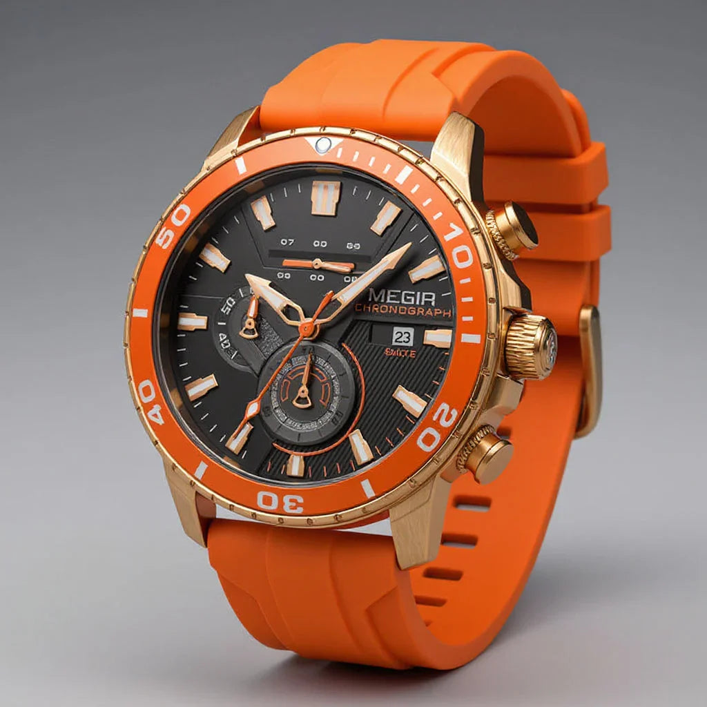 Aurelius Chronomaster men's precision watch. Swiss quartz, chronograph, durable silicone strap, waterproof & ceramic bezel.