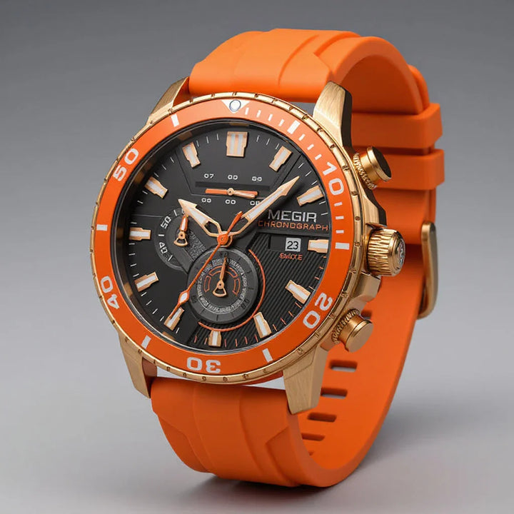 Aurelius Chronomaster men's precision watch. Swiss quartz, chronograph, durable silicone strap, waterproof & ceramic bezel.