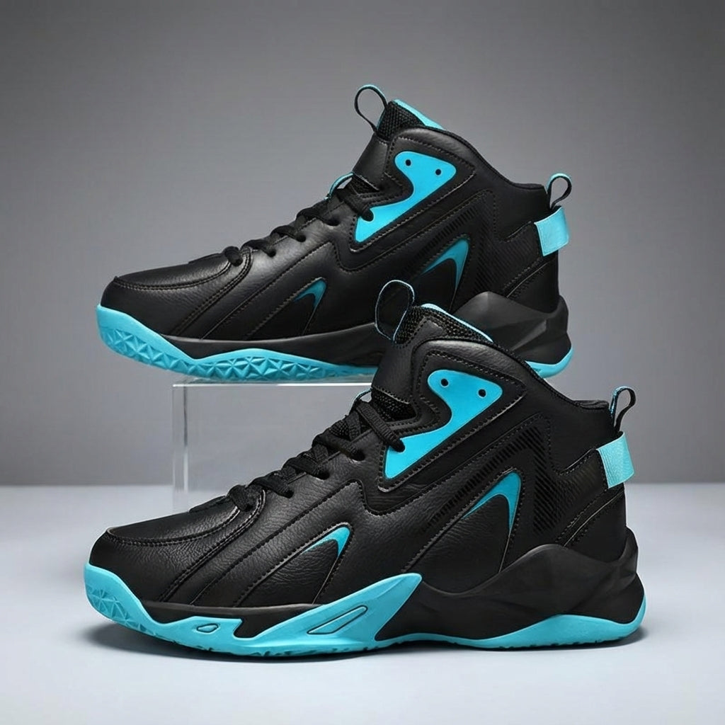Close-up of men's Austin high-top basketball shoes, showcasing ankle support and grip sole