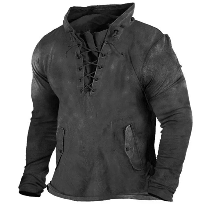 High-quality men's Viking hoodie with durable fabric & adjustable lacing. Authentic Norse medieval style.