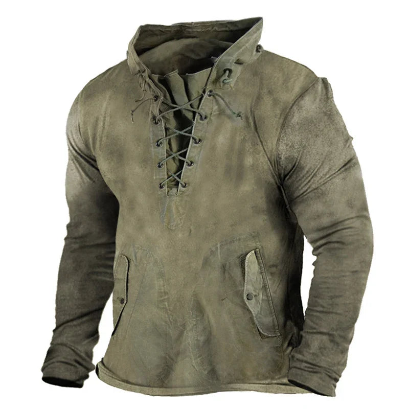 Warm men's Viking winter hoodie with medieval style. Cozy hooded sweatshirt perfect for cold weather.