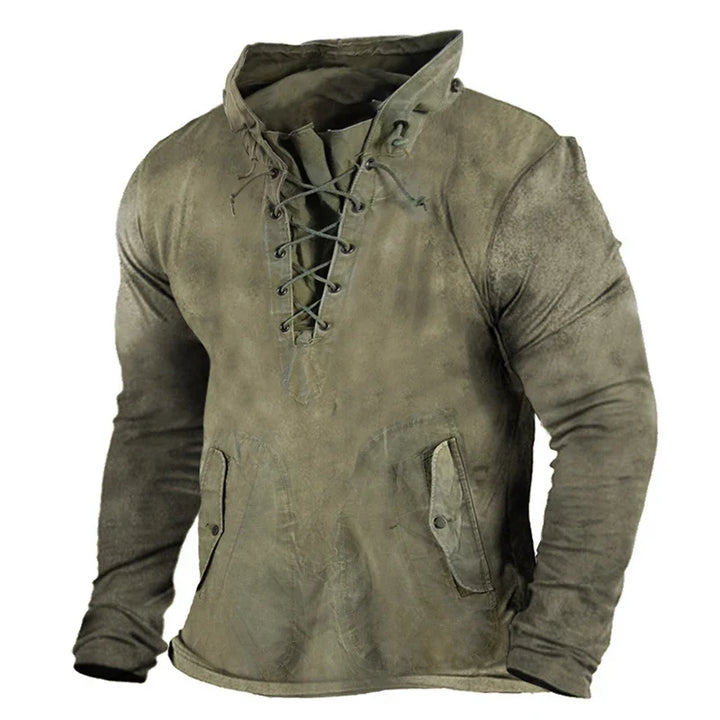 Warm men's Viking winter hoodie with medieval style. Cozy hooded sweatshirt perfect for cold weather.