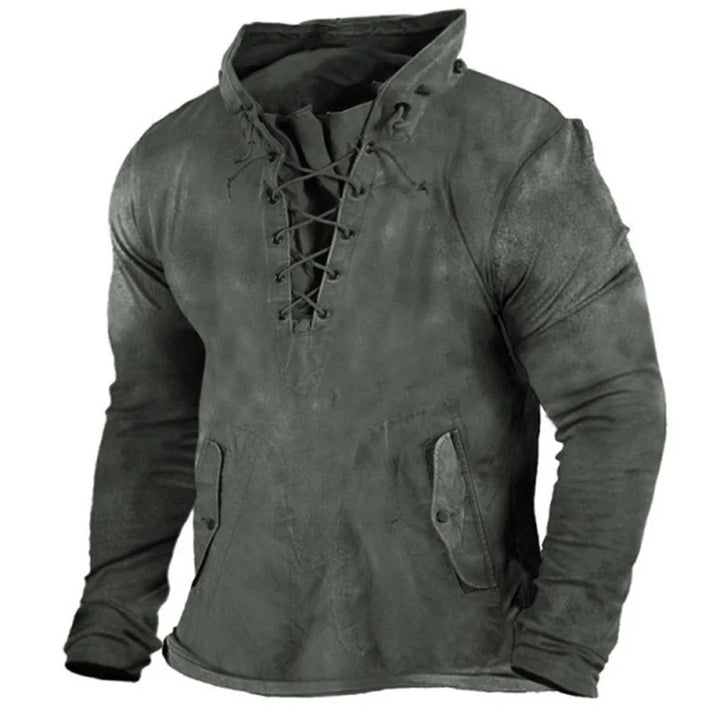 Adjustable lacing on a men's authentic Viking hoodie. Stylish Norse clothing for casual medieval wear.