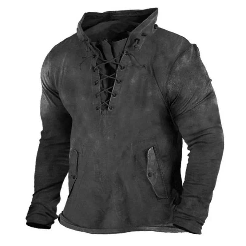 Stylish men's Norse clothing: an authentic Viking hoodie. Warm hooded sweatshirt with medieval charm.