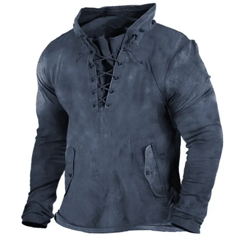 Men's warm Viking hooded sweatshirt, featuring adjustable lacing & durable fabric. Great cold weather gear.