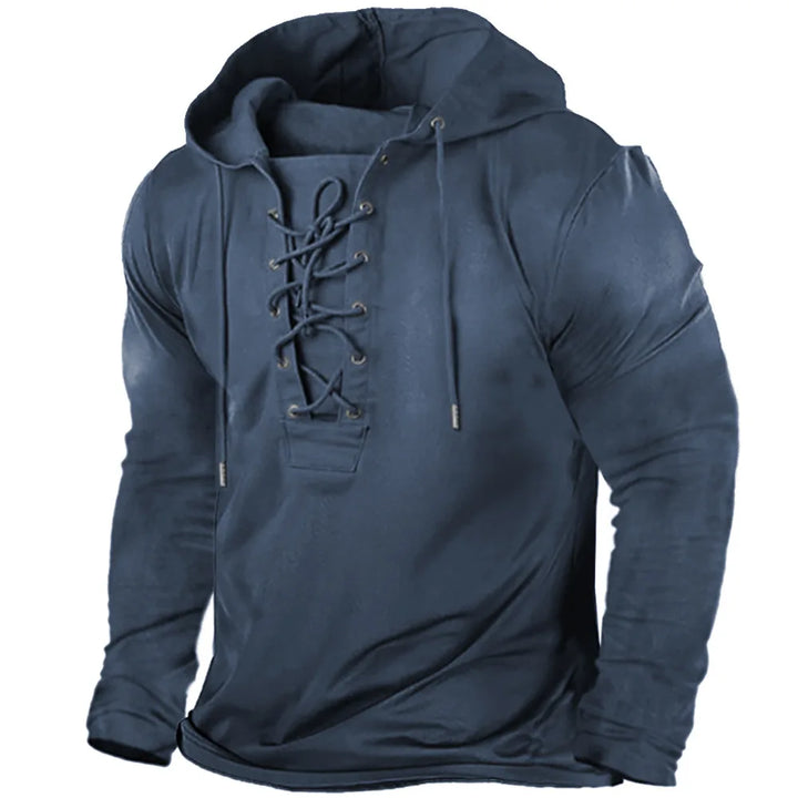 Front view: Men's authentic Viking hoodie. Warm, adjustable, & ideal medieval style casual wear.