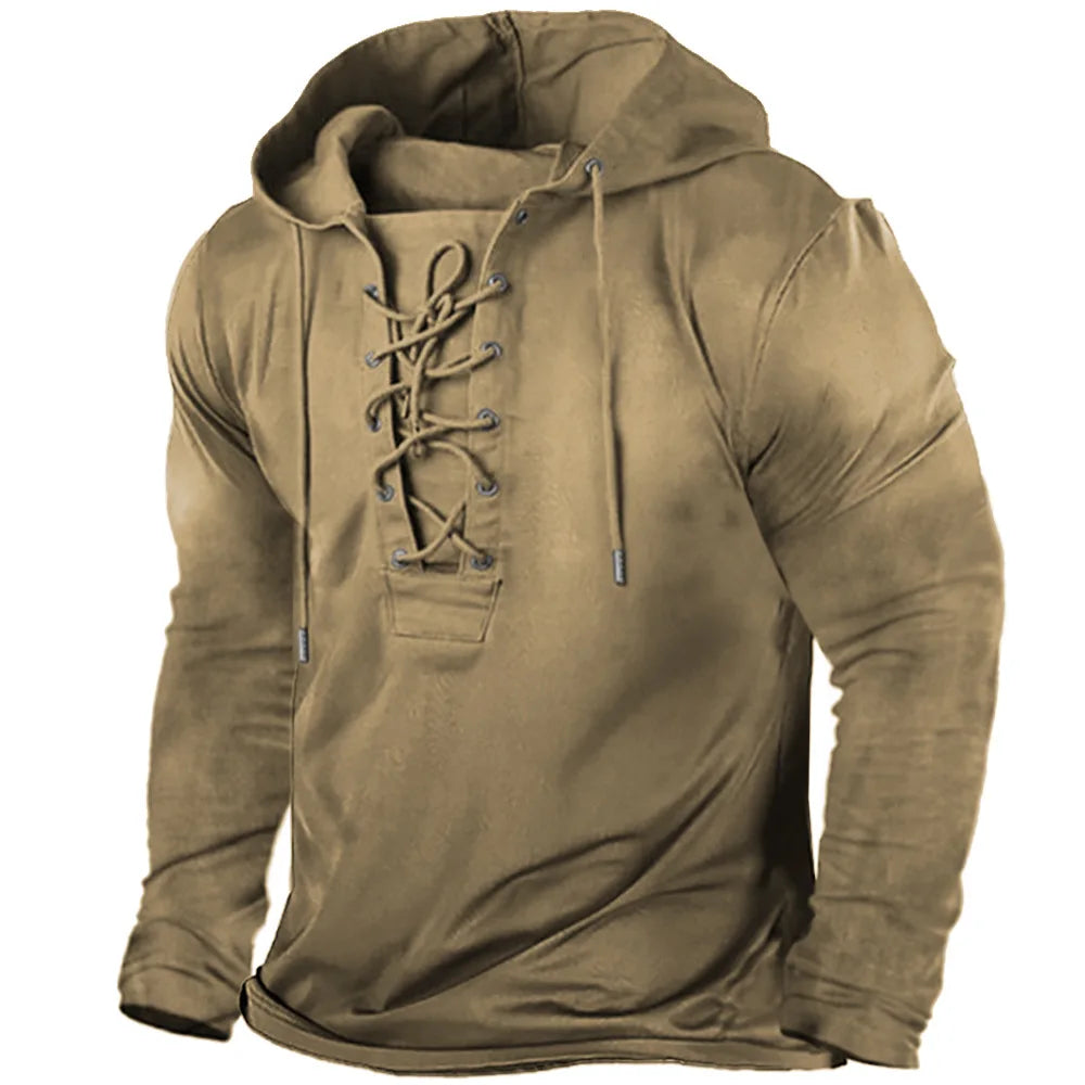 Close-up of the warm fabric of a men's Viking hoodie. Perfect winter hooded sweatshirt for comfort.