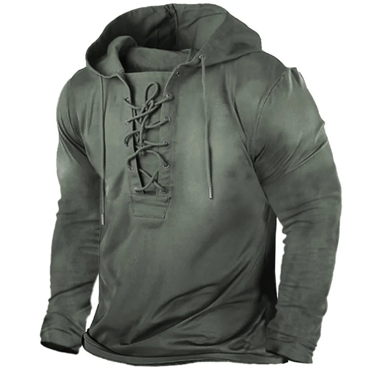 Detailed hood of an authentic men's Viking hoodie. Provides extra warmth & Norse style for cold weather.