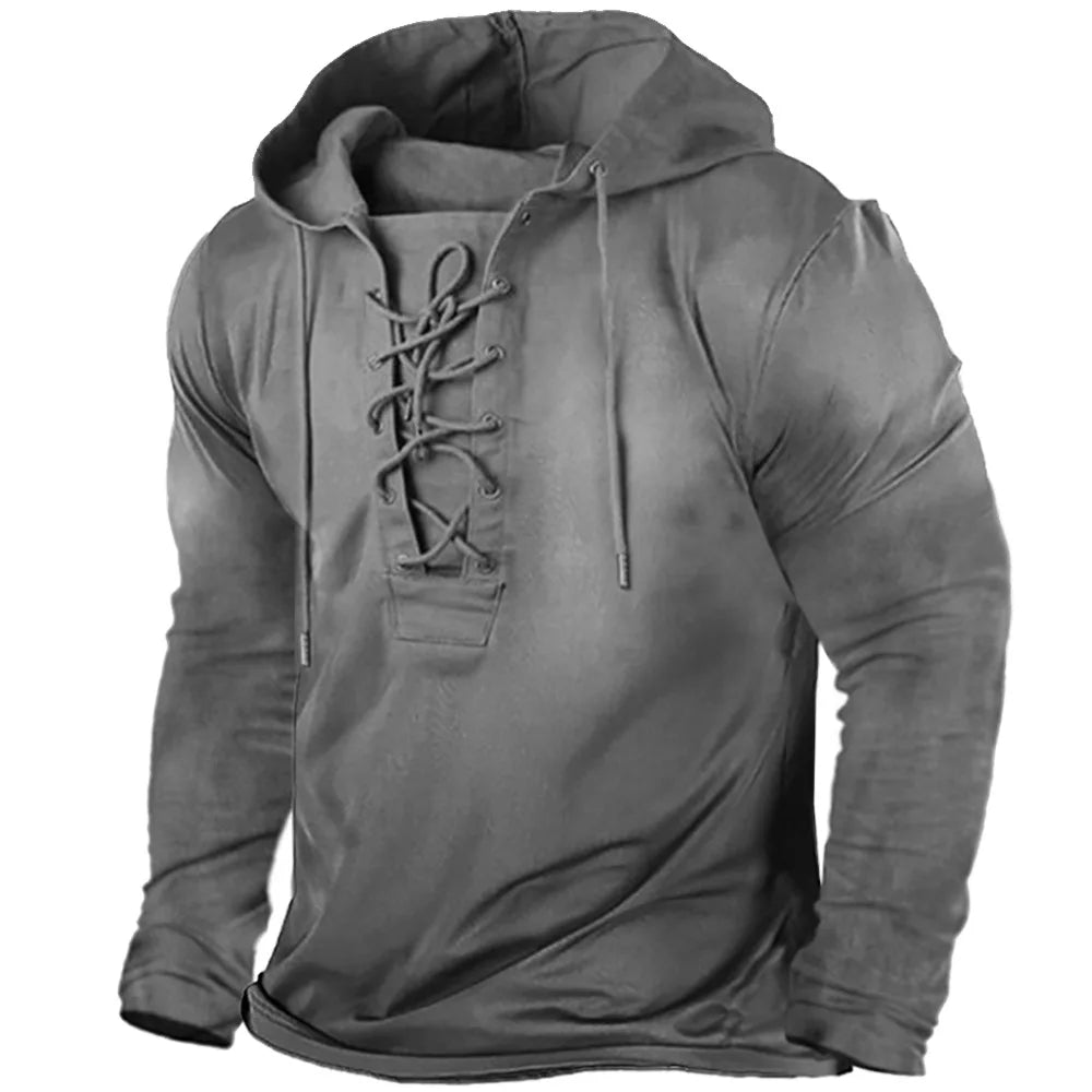 Comfortable men's Viking hoodie, showcasing its warm Norse-inspired medieval style & adjustable lacing.