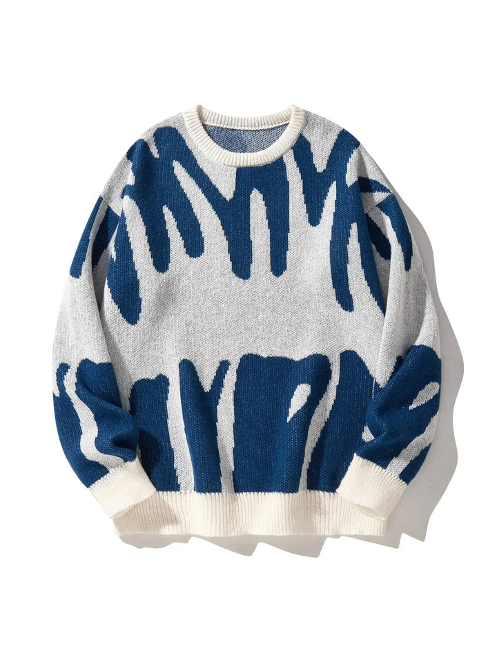 Abstract men's crewneck sweater, oversized & cozy for fall/winter. Modern style, comfortable long-sleeve casual wear.