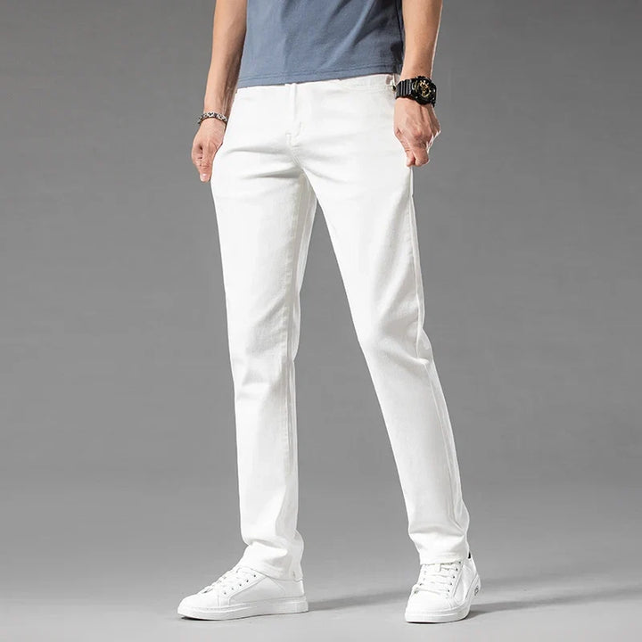 Comfortable men's Aven slim-fit stretch blue jeans. Modern denim perfect for daily casual wear.