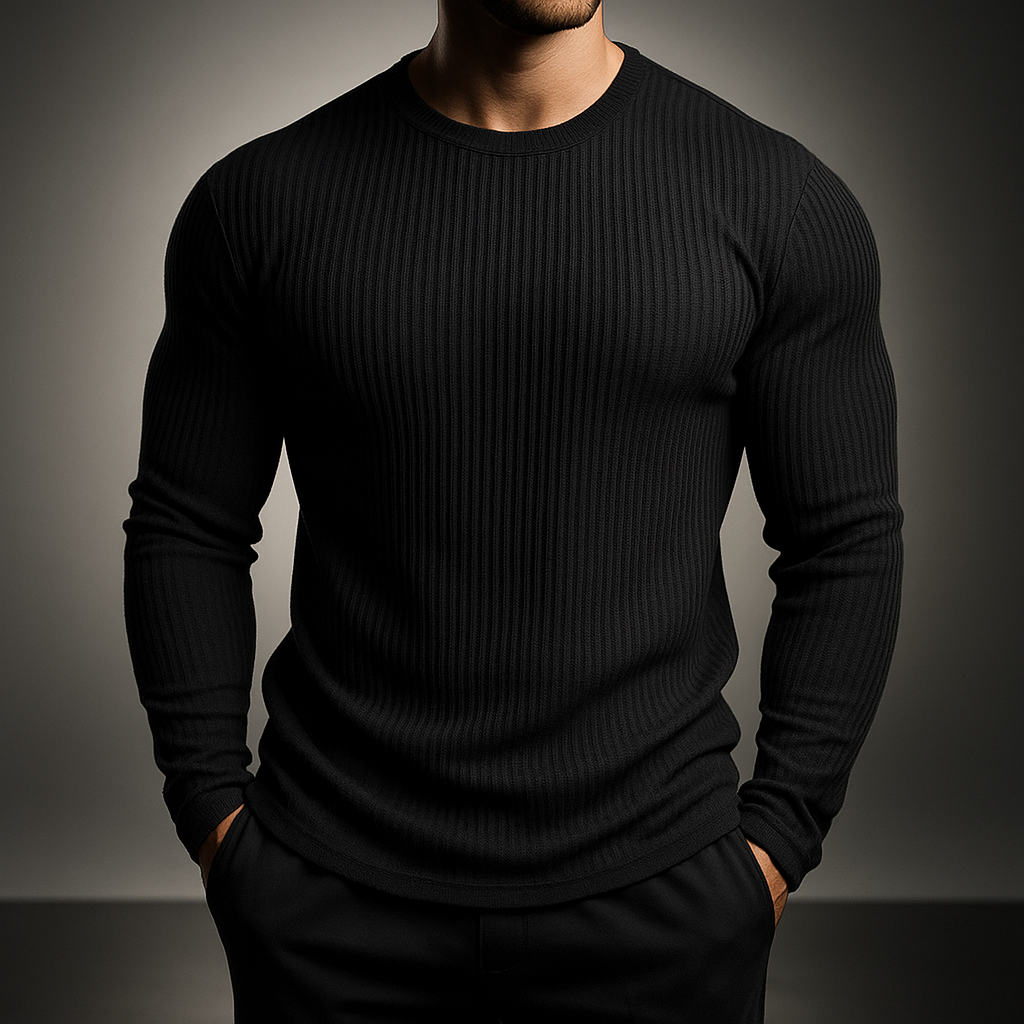 Men's Axel ribbed knit sweater, modern style long sleeve pullover. Elevated comfort for everyday wear.