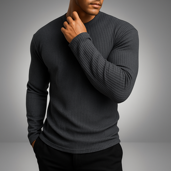 Elegant men's ribbed knit sweater, versatile pullover for casual or smart occasions. Long sleeve comfort.