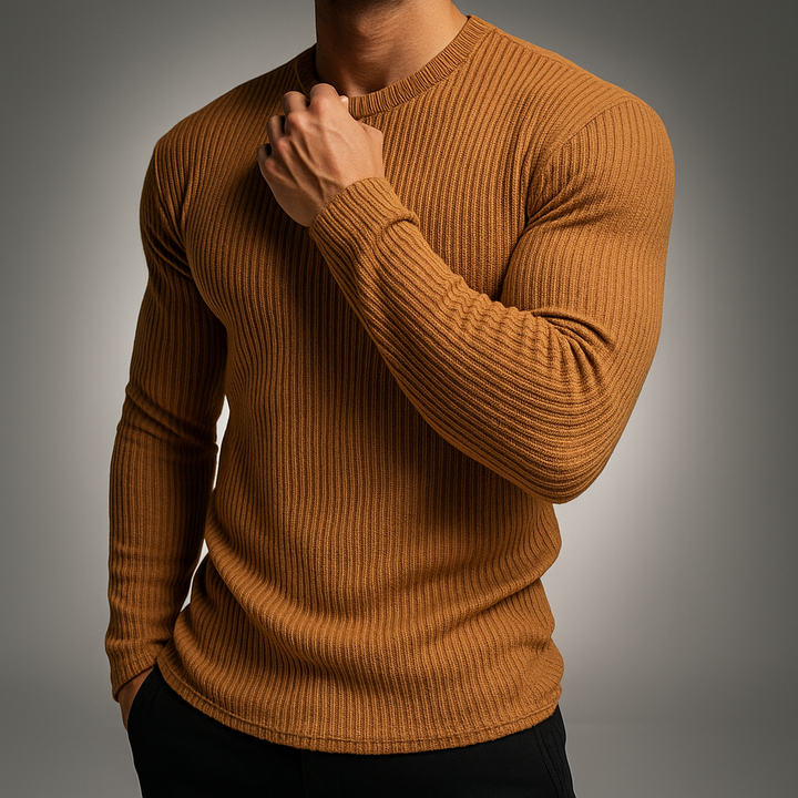 Stylish men's Axel ribbed knit pullover sweater. Modern, elegant design, ideal for versatile everyday style.