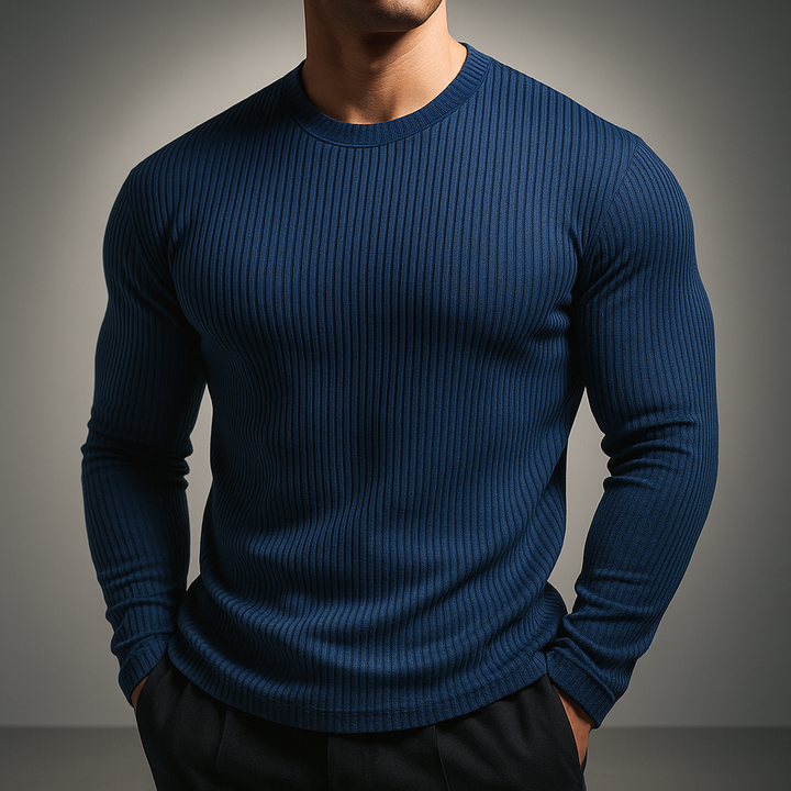 Men's versatile ribbed knit sweater, long sleeve pullover. Modern design, offering elevated style & comfort.