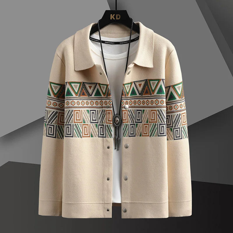 Men's Aztec pattern knit cardigan jacket, tribal geometric design, button-up, relaxed fit for casual wear.
