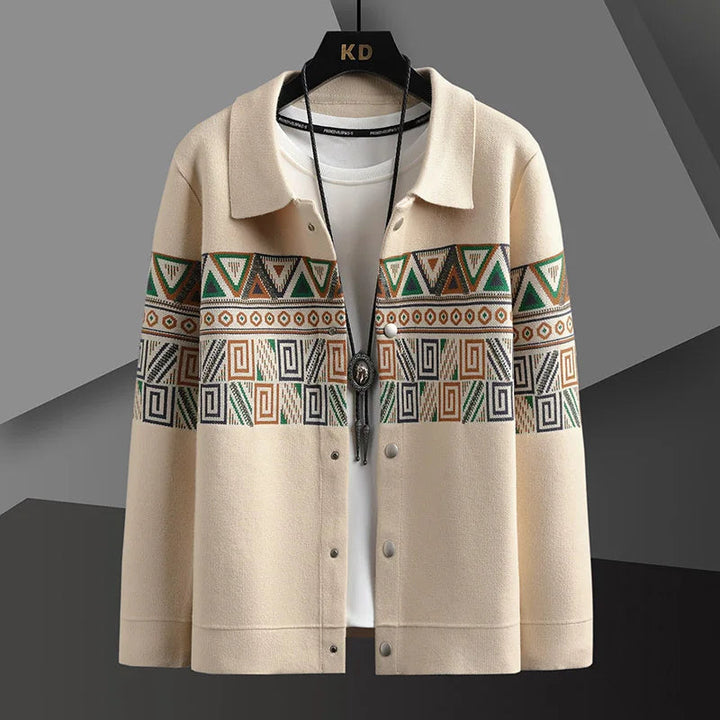 Men's Aztec pattern knit cardigan jacket, tribal geometric design, button-up, relaxed fit for casual wear.