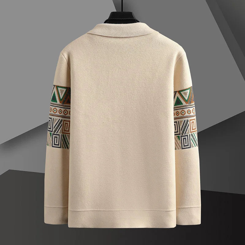 Warm men's knit cardigan jacket with vintage Aztec tribal print, comfortable layering piece, button-front.