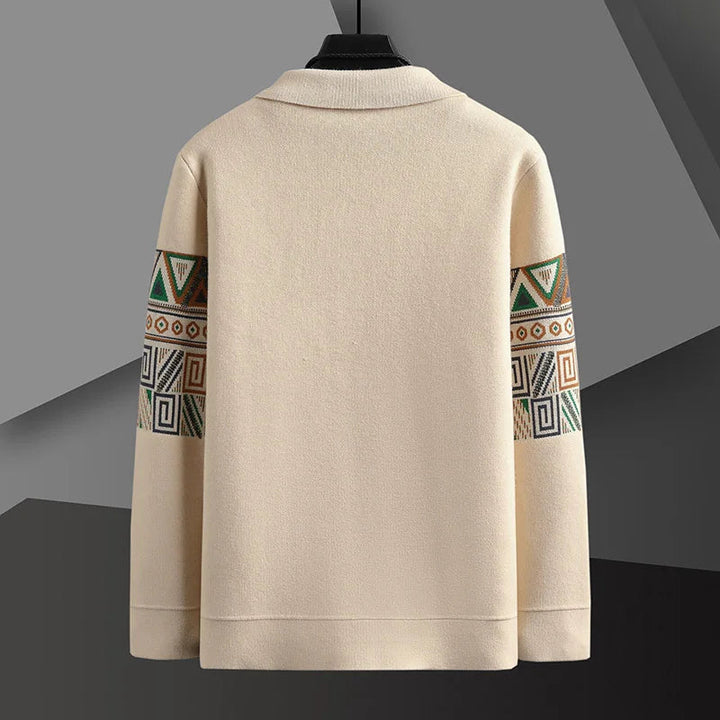 Warm men's knit cardigan jacket with vintage Aztec tribal print, comfortable layering piece, button-front.