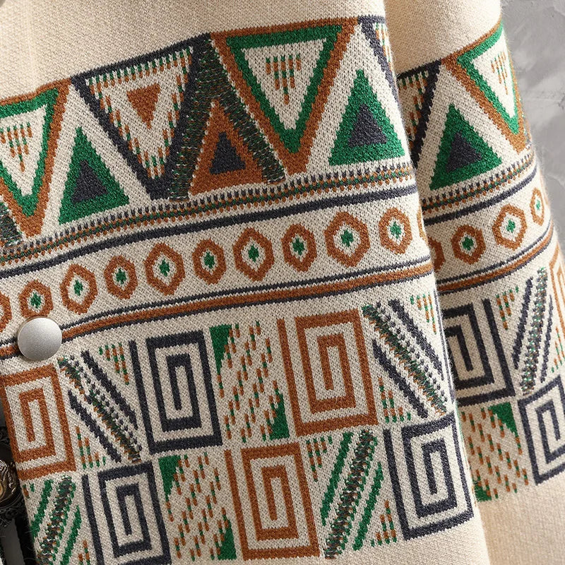 Unique men's Aztec pattern knit cardigan, geometric design, relaxed fit jacket, perfect for stylish casual layering.