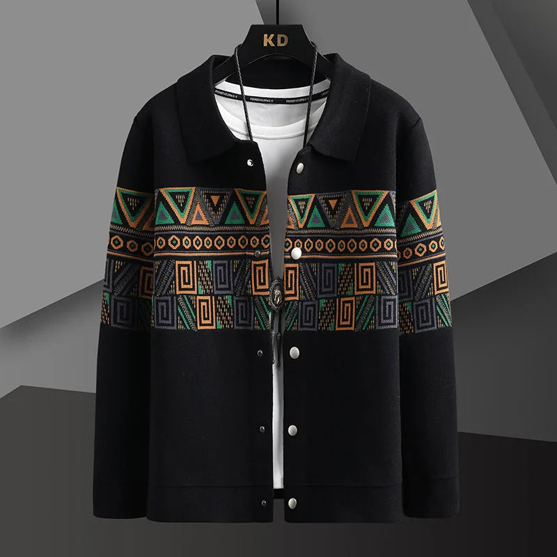 Men's comfortable Aztec pattern knit cardigan jacket. Stylish tribal print, button-up, ideal for casual layering.