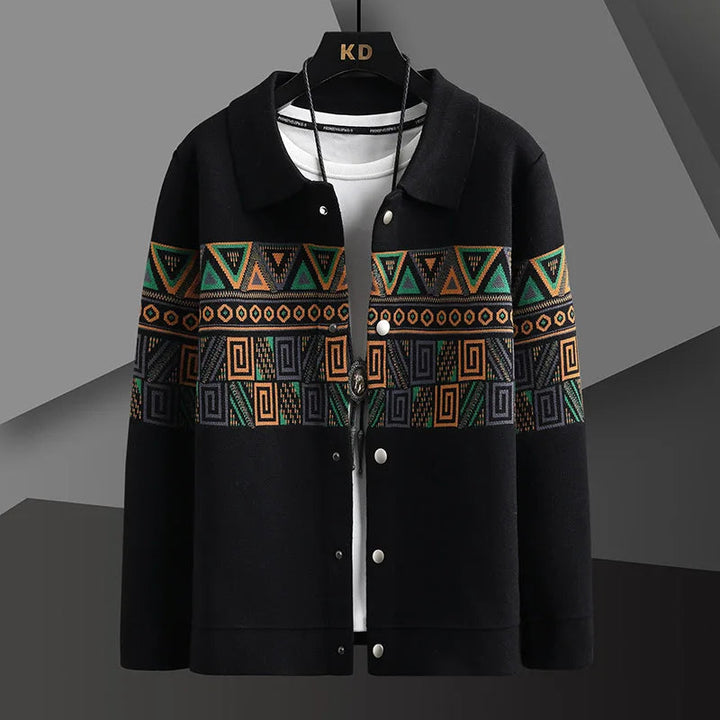 Men's comfortable Aztec pattern knit cardigan jacket. Stylish tribal print, button-up, ideal for casual layering.