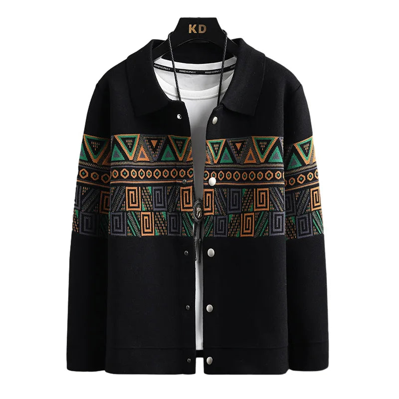 Men's fashion knit cardigan jacket featuring a vibrant Aztec tribal geometric pattern, button-front, relaxed fit.