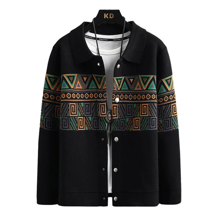 Men's fashion knit cardigan jacket featuring a vibrant Aztec tribal geometric pattern, button-front, relaxed fit.