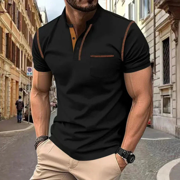 Men's band collar casual polo shirt, short sleeve. Stylish & comfortable men's fashion for everyday wear.