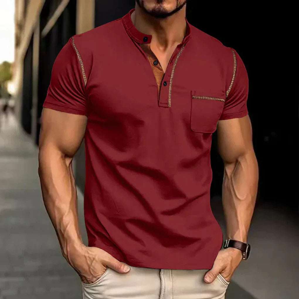 Comfort fit men's casual polo shirt with band collar. Short sleeve, everyday wear, stylish men's apparel.