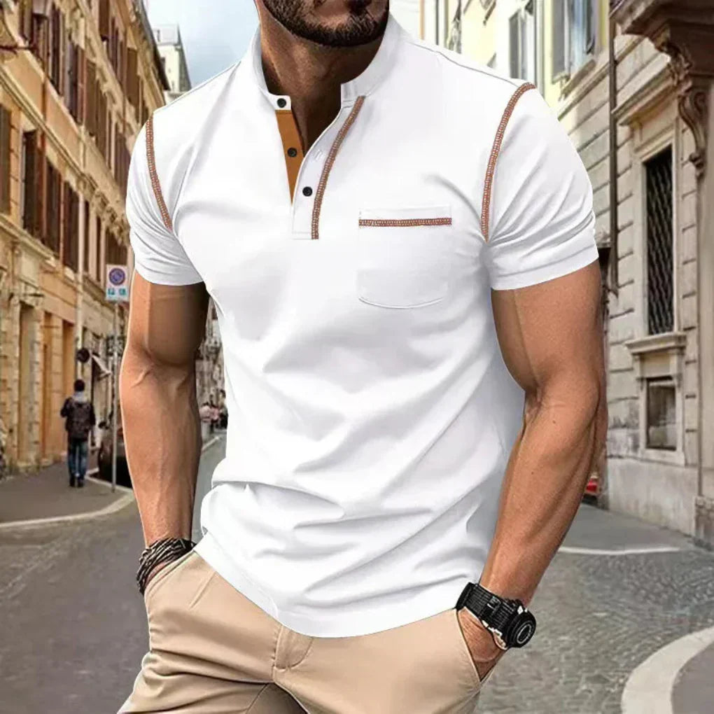 Men's casual band collar polo shirt. Short sleeve, button placket, offers a smart, comfortable everyday fit.