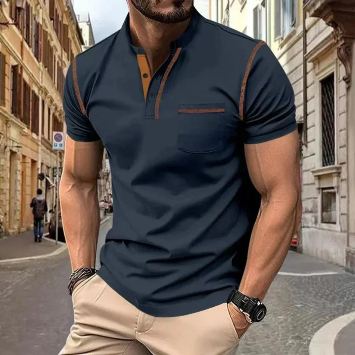 Versatile men's band collar polo shirt. Short sleeve, stylish design for casual wear & everyday fashion.