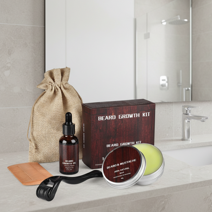 Men's Beard Growth Kit for fuller, stronger facial hair. Complete men's grooming solution.
