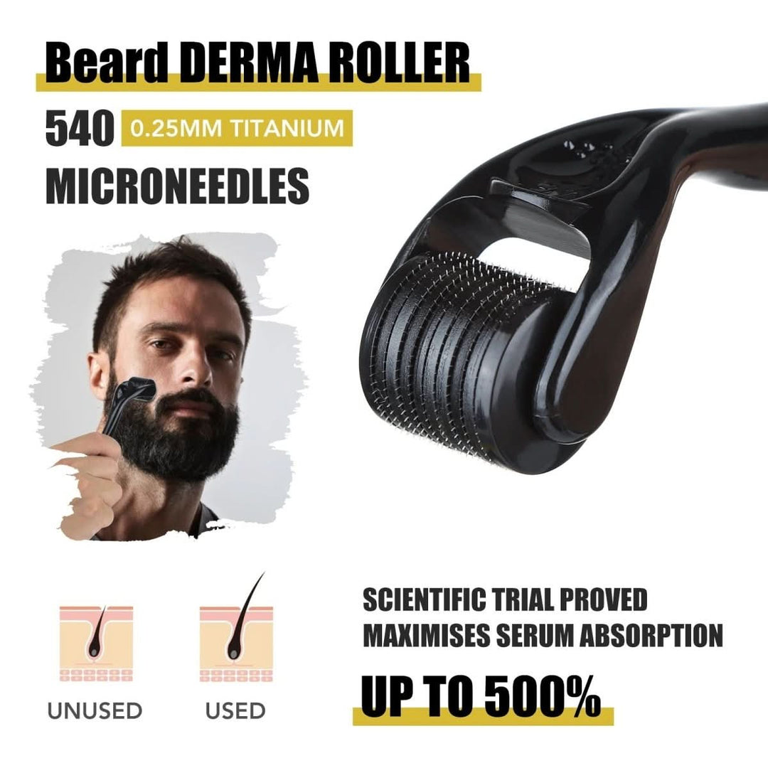 Essential beard growth tools: microneedle roller, organic beard oil, balm, and wooden comb.