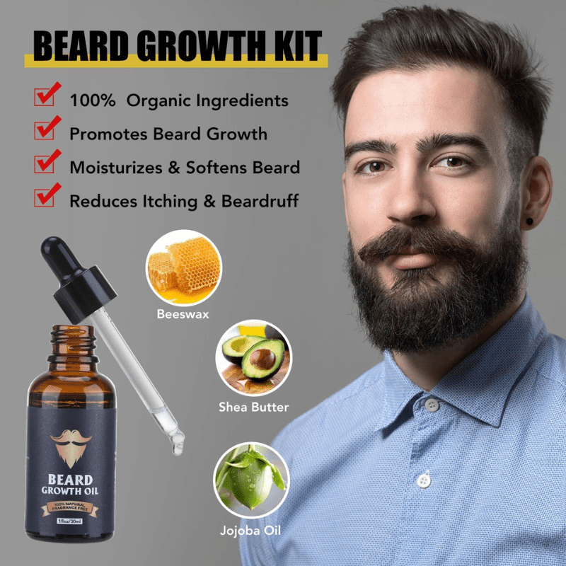 Professional men's beard growth & care kit for promoting robust, healthy facial hair.