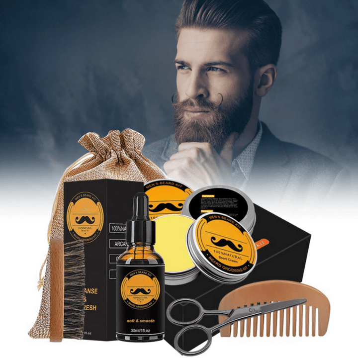 Full beard growth kit for men: essential oils, balm, roller & comb for stimulating growth.