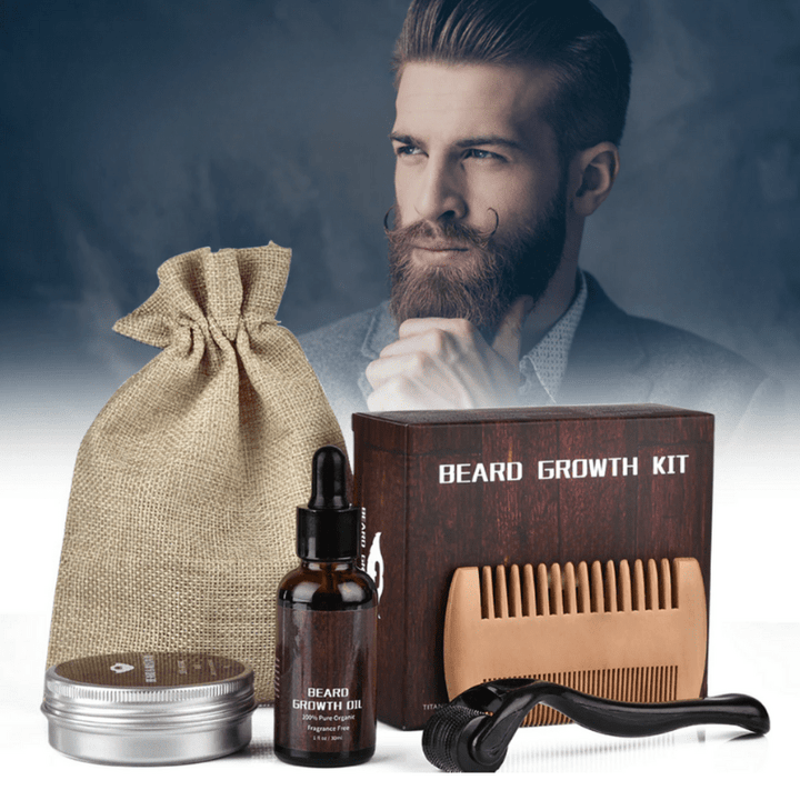 Men's grooming kit with beard growth serum & microneedle roller for thicker, stronger beard.
