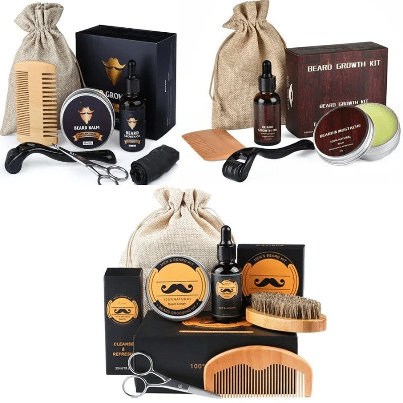 Premium beard care kit: dermaroller, natural beard oil & balm for accelerated growth.