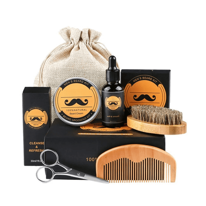 Complete beard care regimen featuring a growth activator serum, roller, oil, balm & comb.