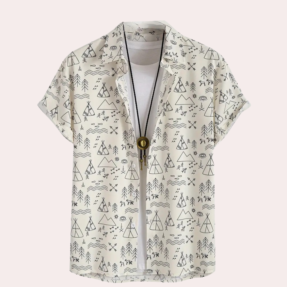 Men's beige casual button-up shirt with a stylish print, perfect for summer fashion and weekend wear.