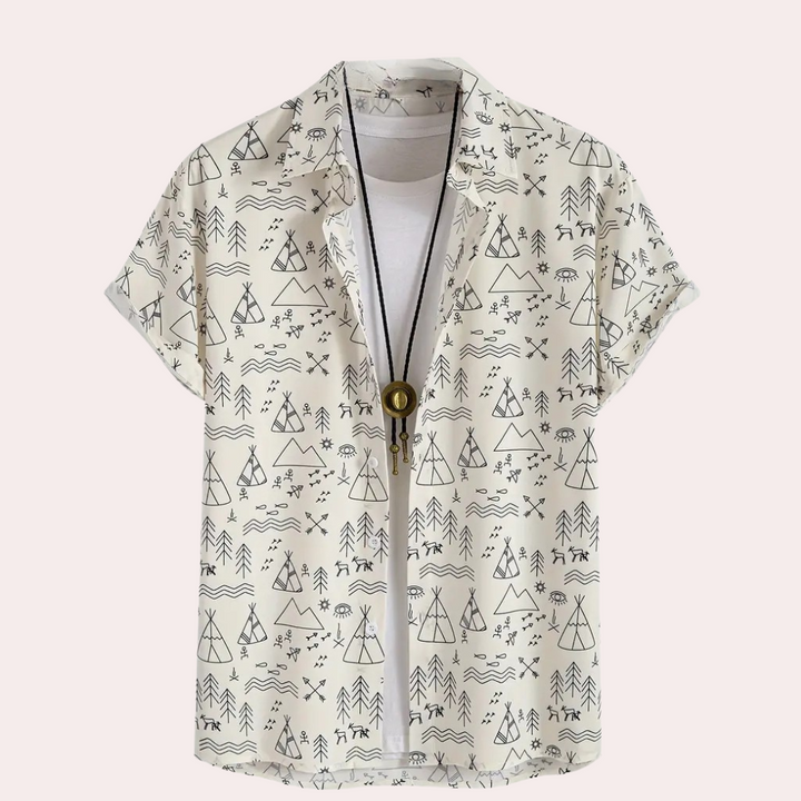 Men's beige casual button-up shirt with a stylish print, perfect for summer fashion and weekend wear.