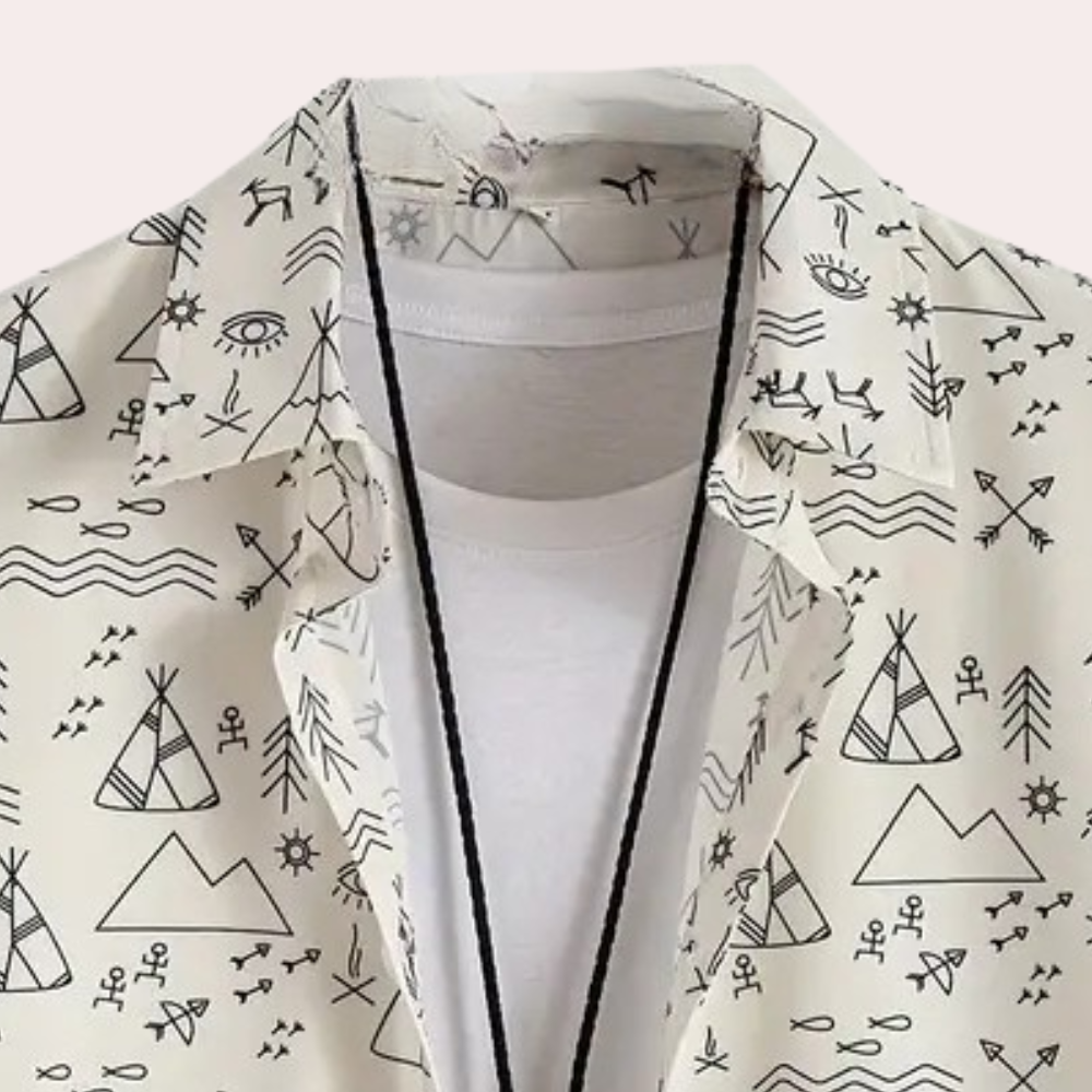 Stylish men's patterned button-up shirt, short sleeve, beige, for a chic casual summer look.