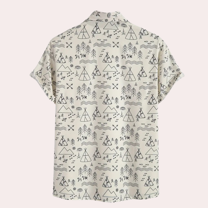 Versatile men's beige print button-up shirt. Casual short sleeve top for stylish summer or weekend wear.
