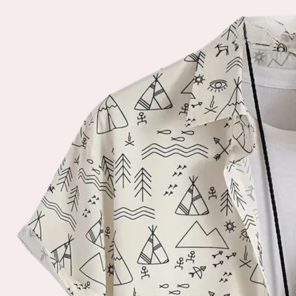 Fashionable men's lightweight beige print shirt, short sleeve, button-up. Comfortable summer casual wear.