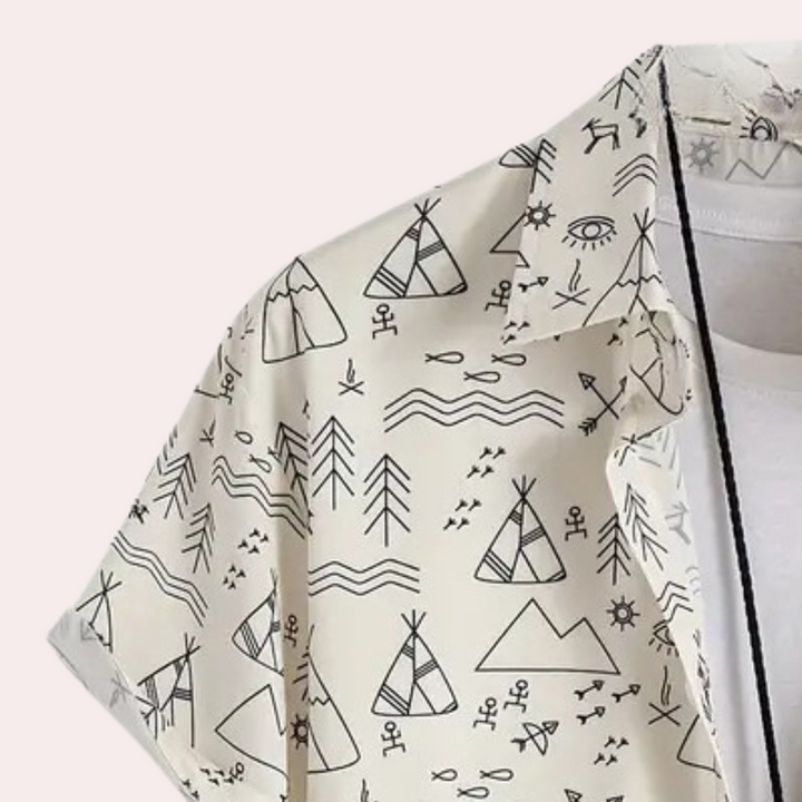 Fashionable men's lightweight beige print shirt, short sleeve, button-up. Comfortable summer casual wear.
