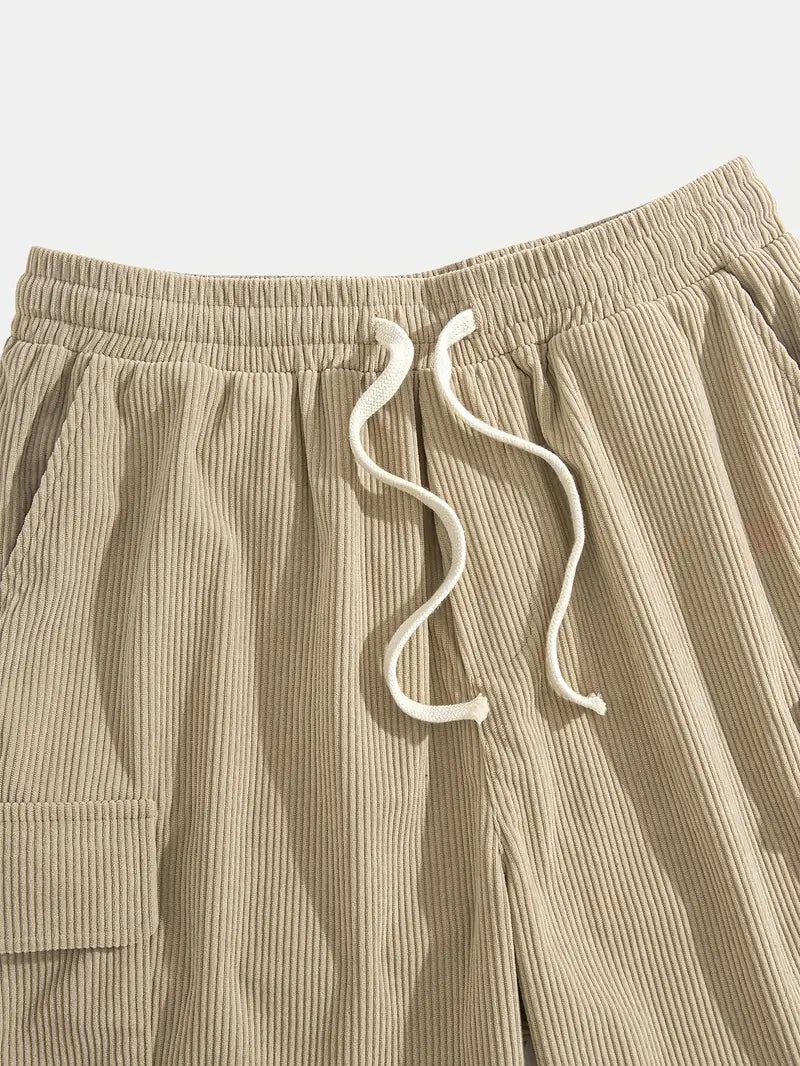 Trendy beige corduroy cargo pants for men, ideal for summer outdoor fashion