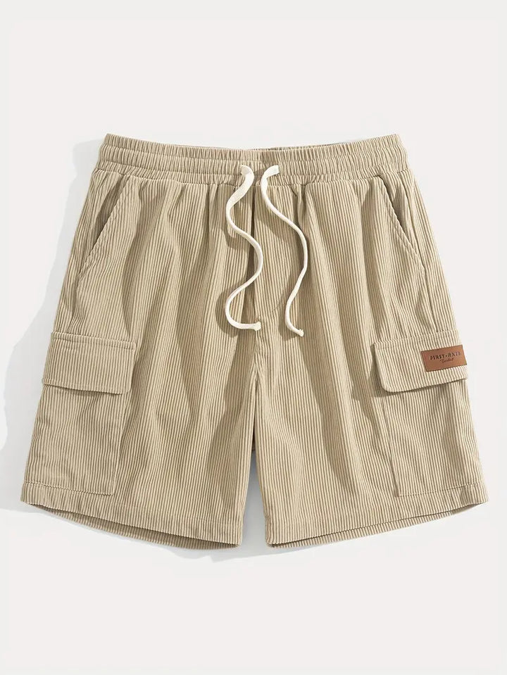 Full shot of men's beige corduroy summer trousers, perfect for casual and comfortable style