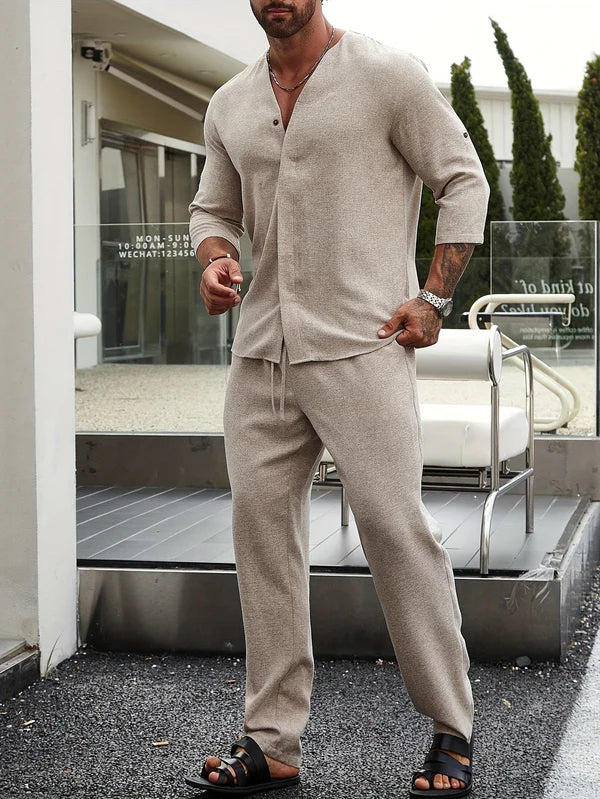 Casual beige linen two-piece set for men, ideal for beach wear and holiday fashion