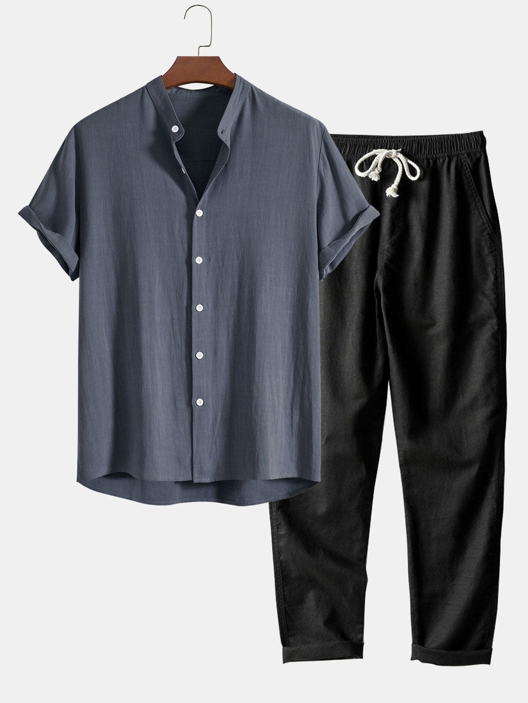 Gray men's slim fit linen matching outfit set. Comfortable short sleeve top and ankle pants. Modern smart casual style.