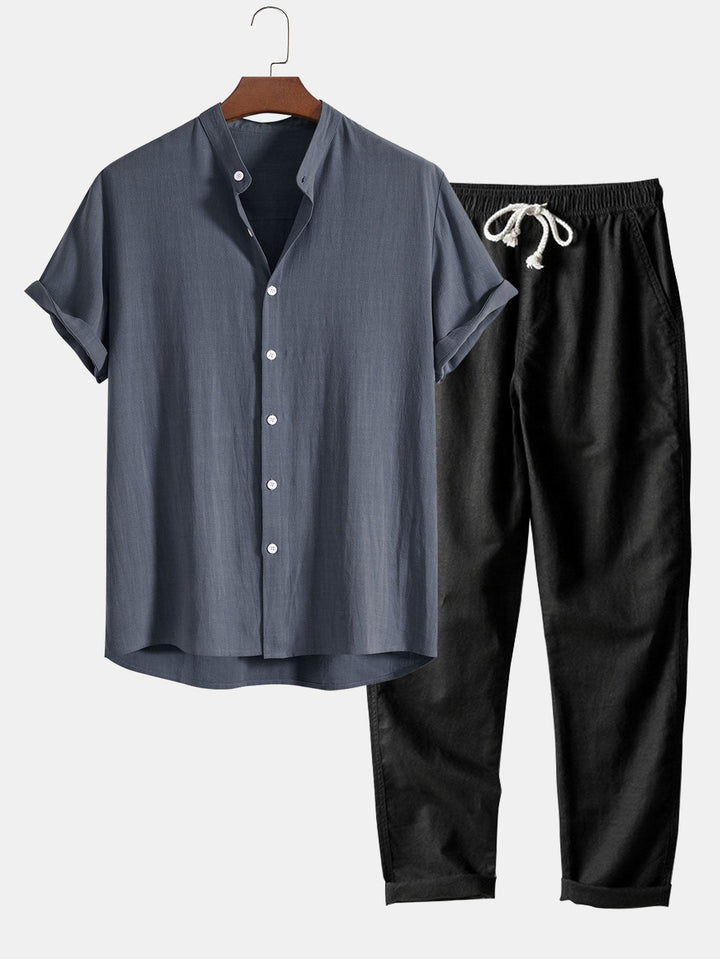 Gray men's slim fit linen matching outfit set. Comfortable short sleeve top and ankle pants. Modern smart casual style.
